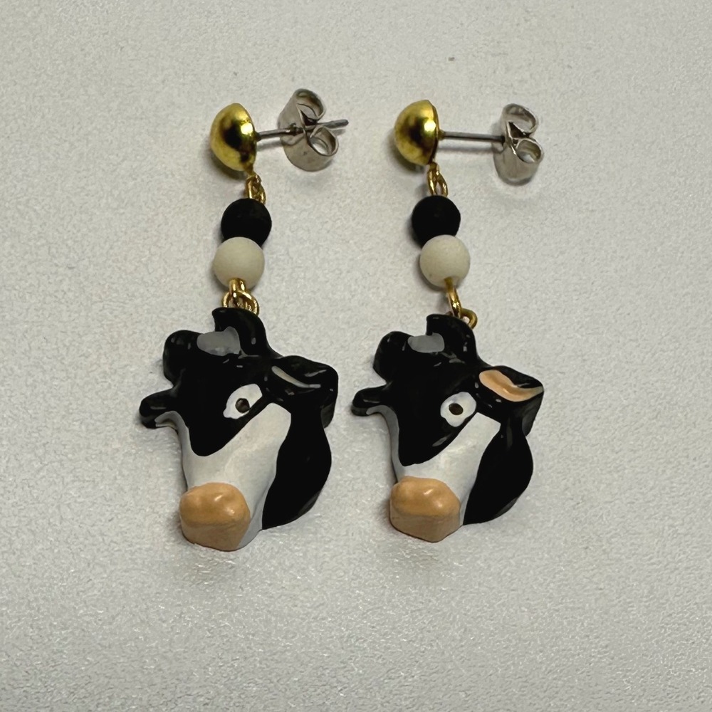 Cow Earrings Black White Dangle‎ Farm Animal Cute Novelty Beaded